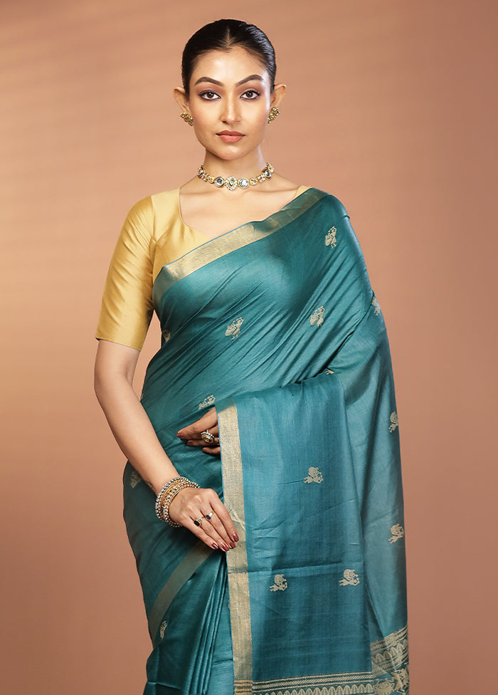 Green Handloom Tussar Pure Silk Saree With Blouse Piece