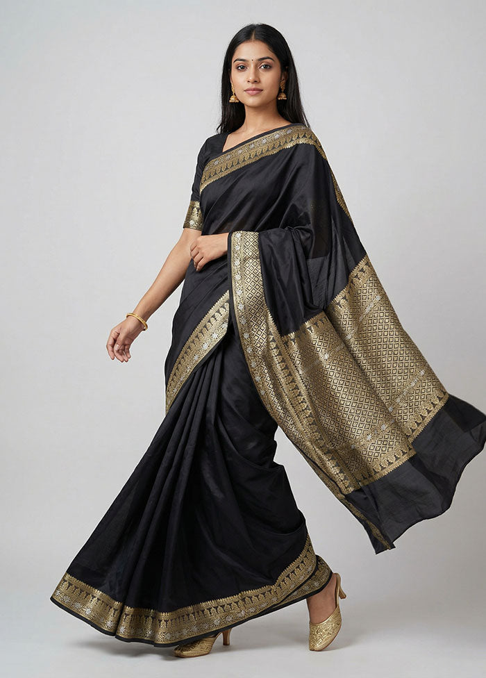 Black Handloom Banarasi Pure Silk Saree With Blouse Piece