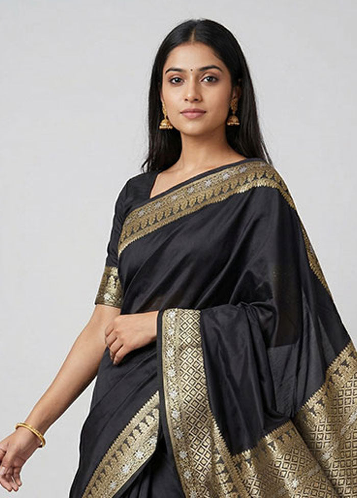 Black Handloom Banarasi Pure Silk Saree With Blouse Piece