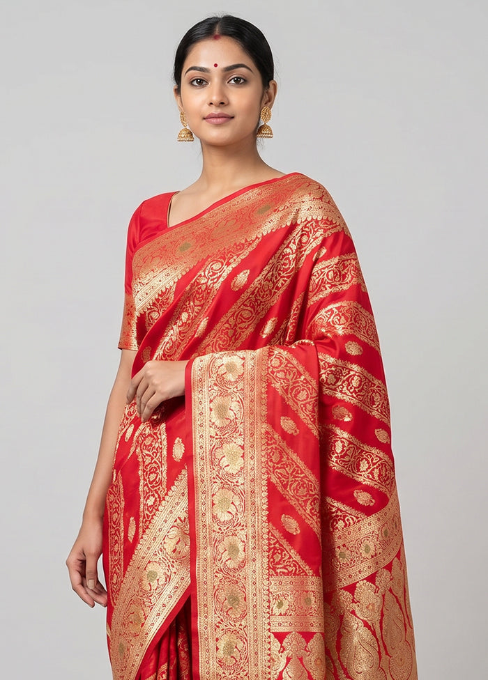 Red Banarasi Silk Saree With Blouse Piece