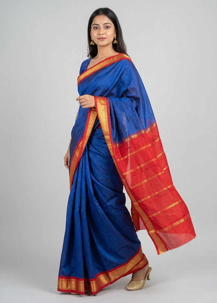 Blue Handloom Kanjivaram Pure Silk Saree With Blouse Piece