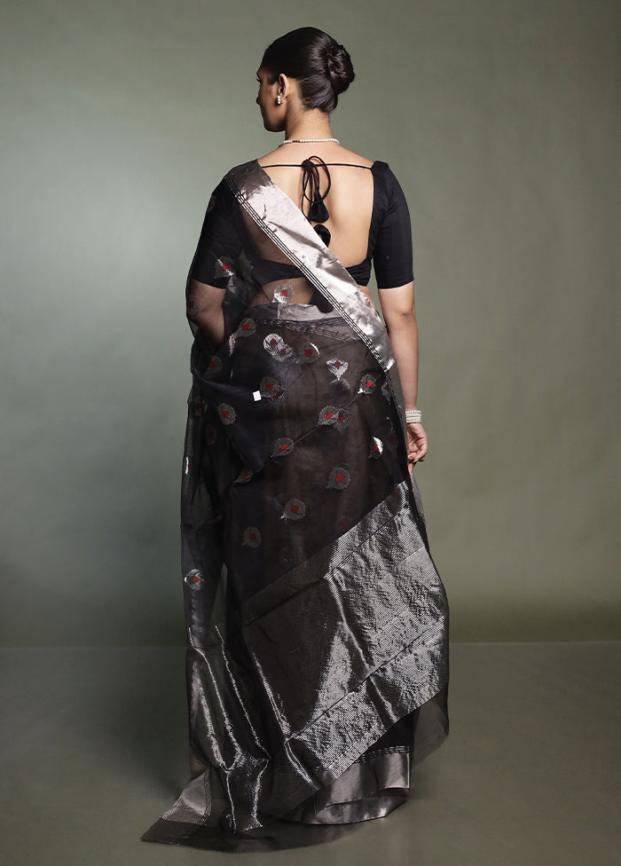 Black Handloom Chanderi Pure Cotton Saree With Blouse Piece