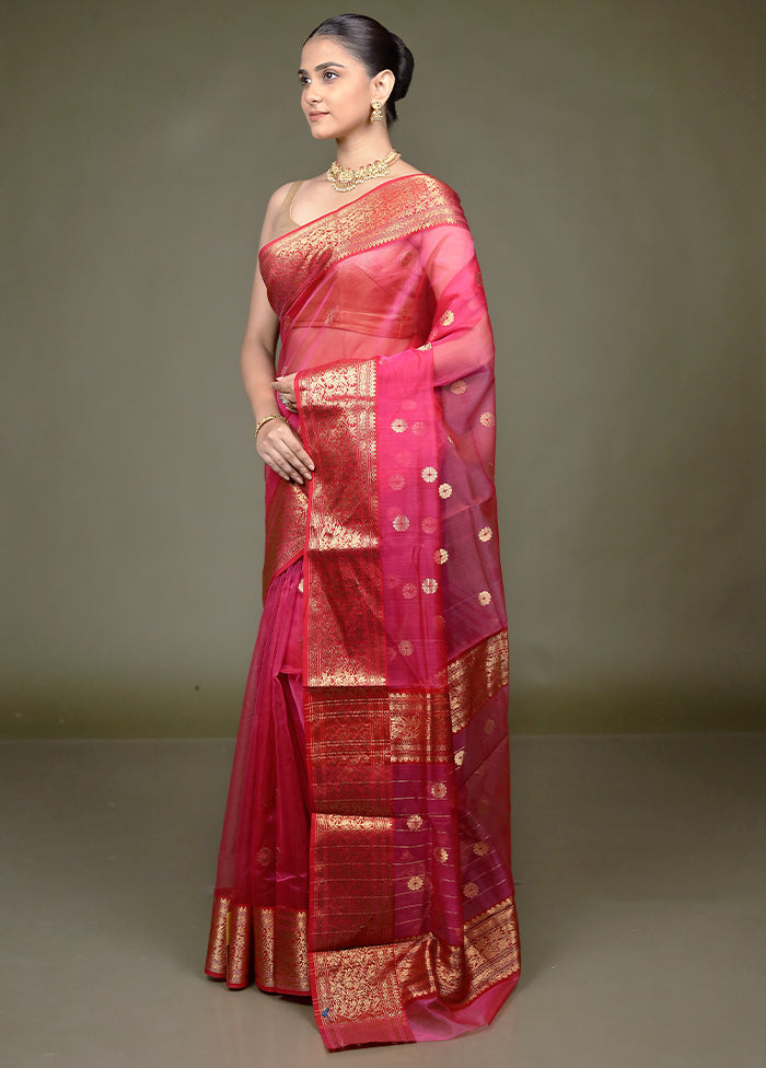 Pink Handloom Chanderi Pure Cotton Saree With Blouse Piece