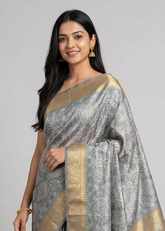 Grey Dupion Silk Saree With Blouse Piece