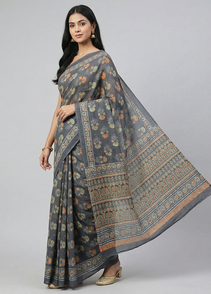 Blue Printed Silk Saree Without Blouse Piece
