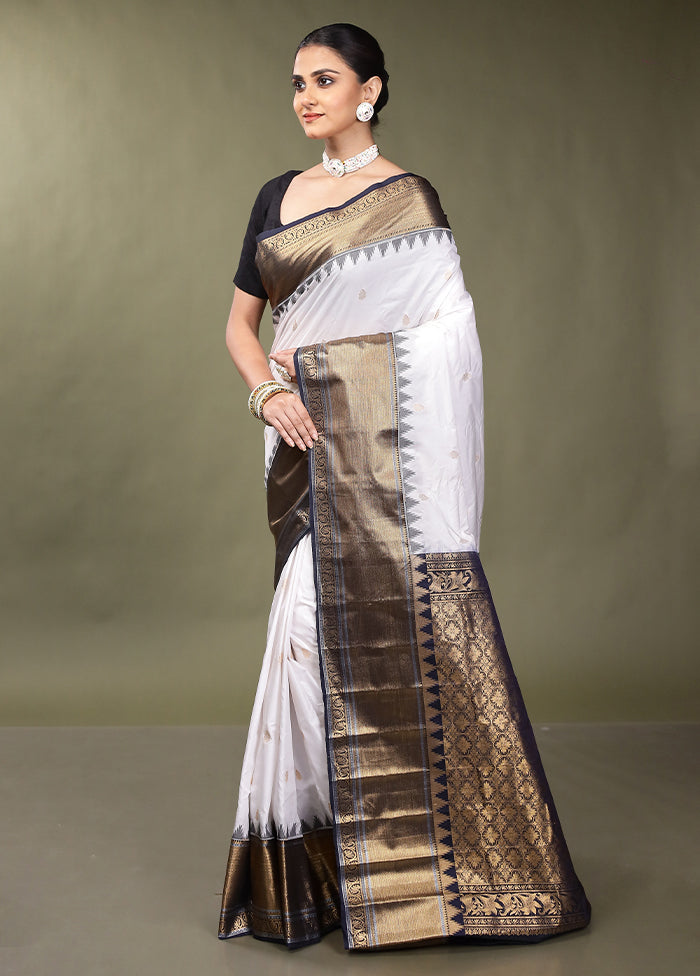 White Gadwal Silk Saree Without Blouse Piece