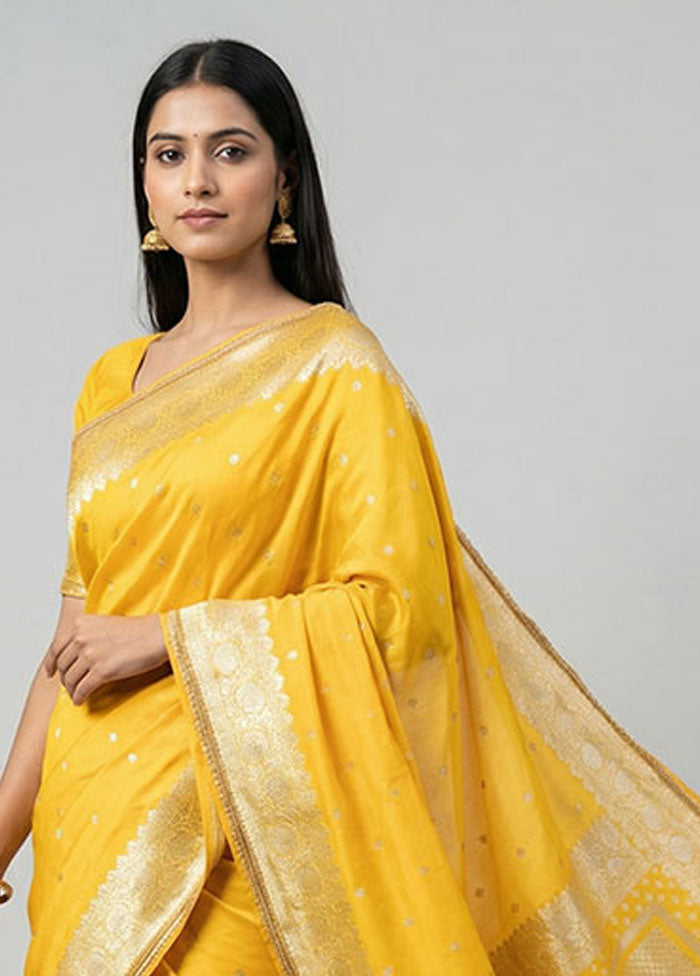 Yellow Dupion Silk Saree With Blouse Piece