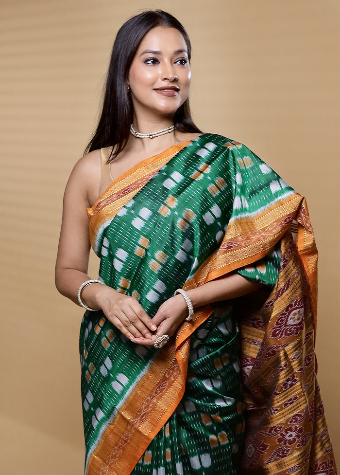 Green Handloom Ikkat Pure Silk Saree Without Blouse Piece