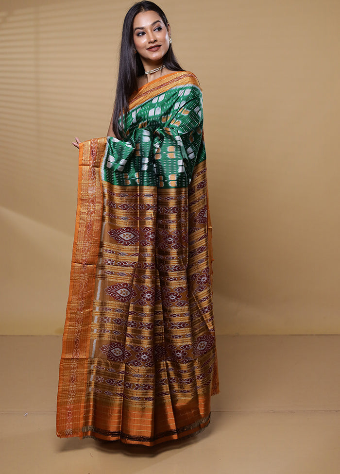 Green Handloom Ikkat Pure Silk Saree Without Blouse Piece