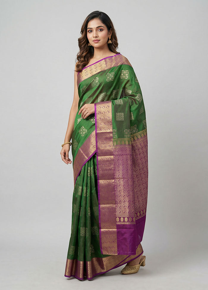 Green Handloom Kanjivaram Pure Silk Saree With Blouse Piece