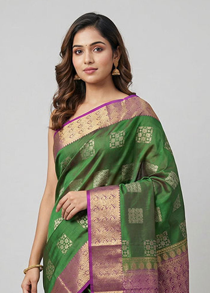 Green Handloom Kanjivaram Pure Silk Saree With Blouse Piece