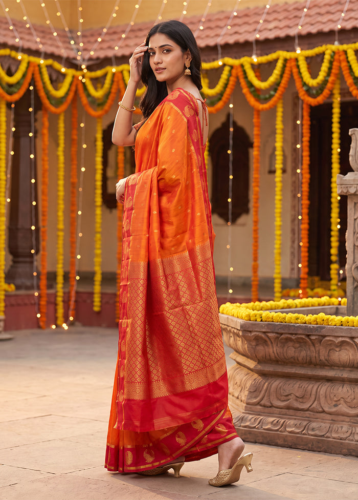Orange Handloom Kanjivaram Pure Silk Saree With Blouse Piece