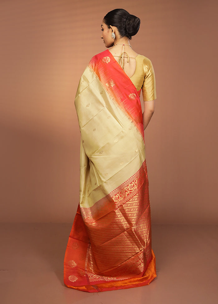 Cream Handloom Kanjivaram Pure Silk Saree With Blouse Piece