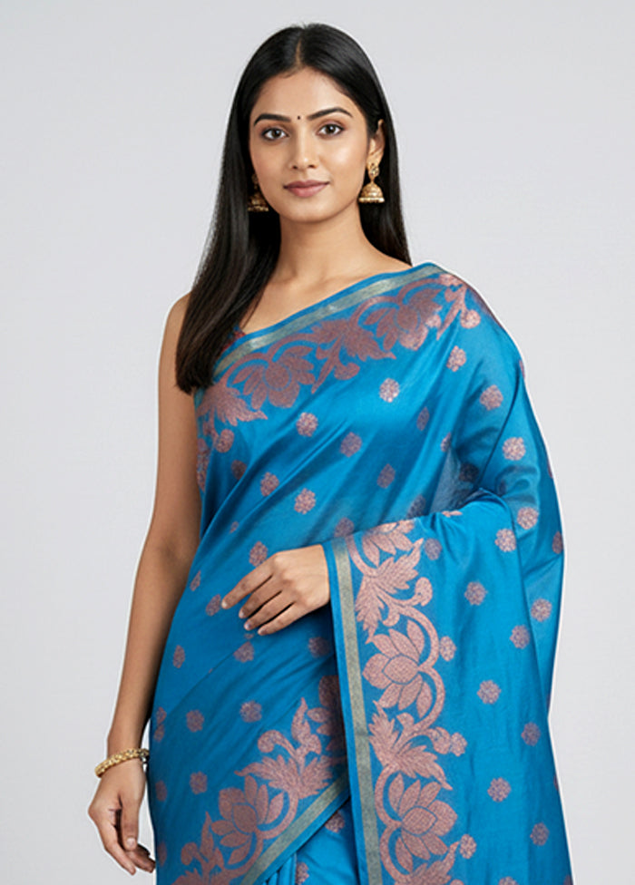 Blue Handloom Kanjivaram Pure Silk Saree With Blouse Piece