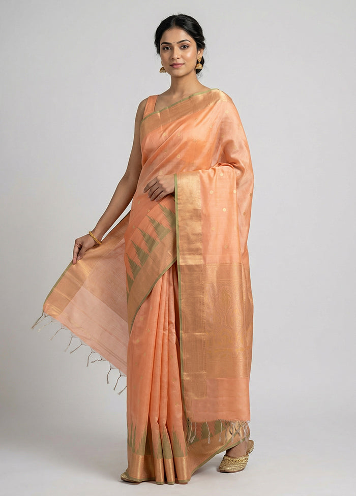 Peach Handloom Kanchipuram Pure Silk Saree With Blouse Piece