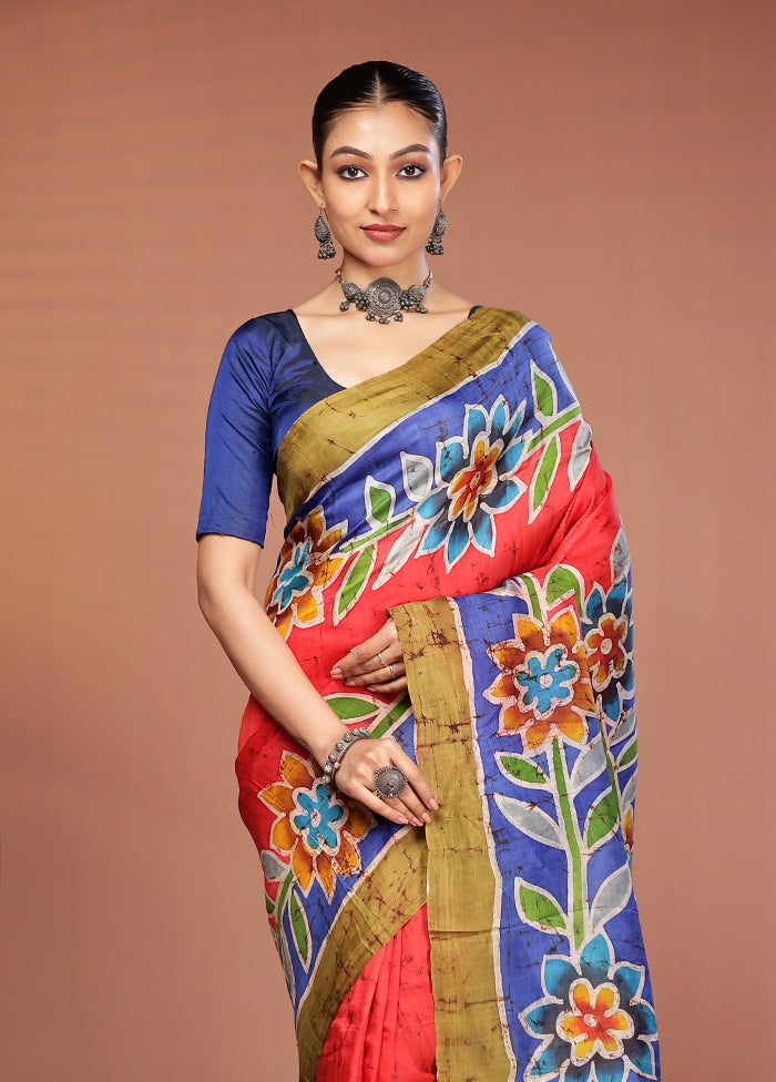 Red Printed Silk Saree Without Blouse Piece