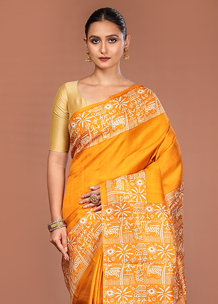 Blue Printed Silk Saree Without Blouse Piece