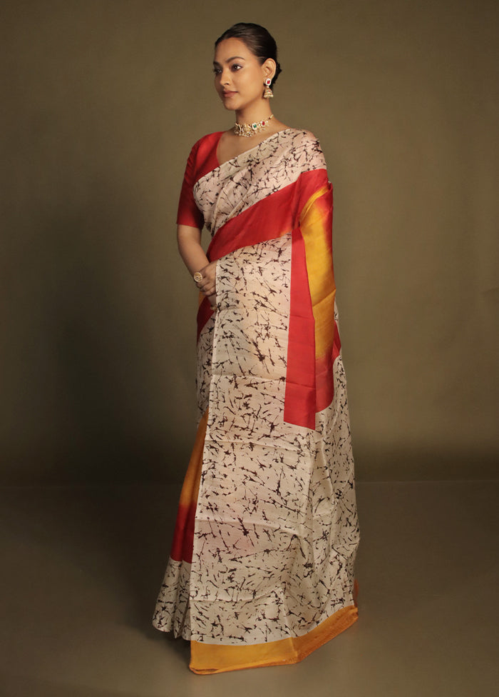 Red Printed Silk Saree Without Blouse Piece