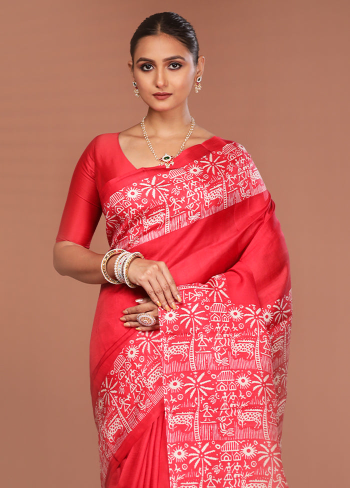 Red Printed Silk Saree Without Blouse Piece