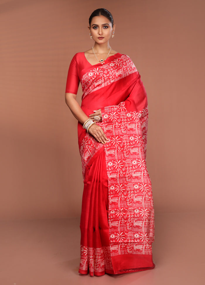 Red Printed Silk Saree Without Blouse Piece