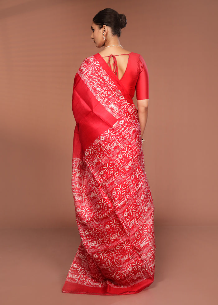 Red Printed Silk Saree Without Blouse Piece