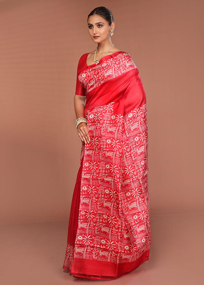 Red Printed Silk Saree Without Blouse Piece