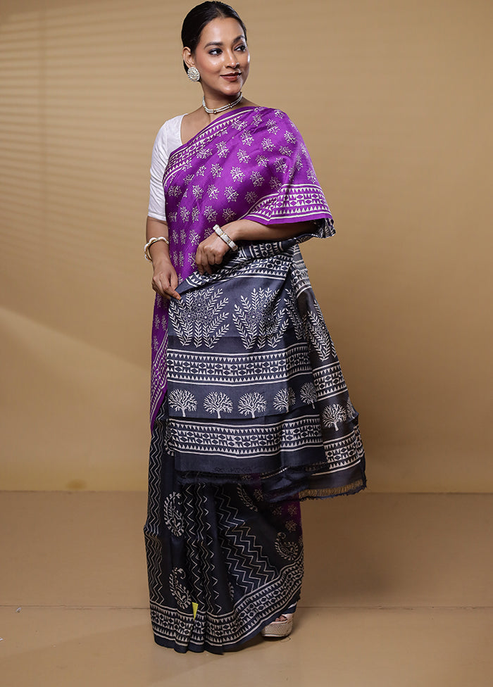 Purple Printed Silk Saree Without Blouse Piece