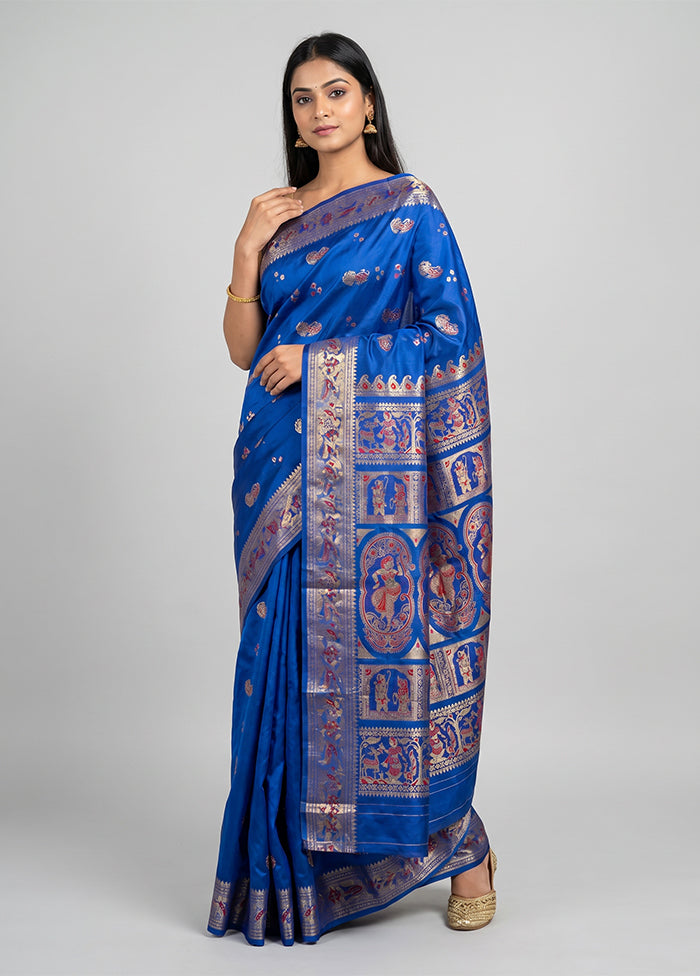 Blue Handloom Baluchari Pure Silk Saree With Blouse Piece