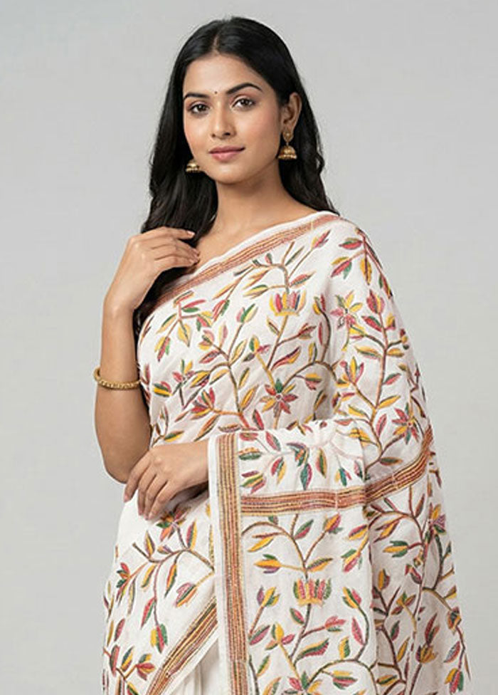 White Kantha Stitch Silk Saree With Blouse Piece
