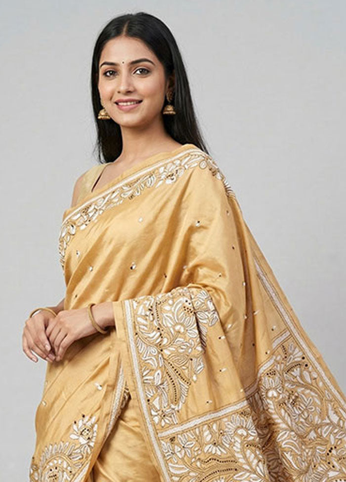 Cream Kantha Stitch Silk Saree With Blouse Piece