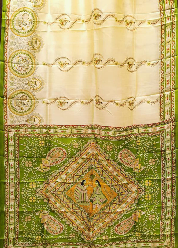 Cream Printed Pure Silk Saree Without Blouse Piece