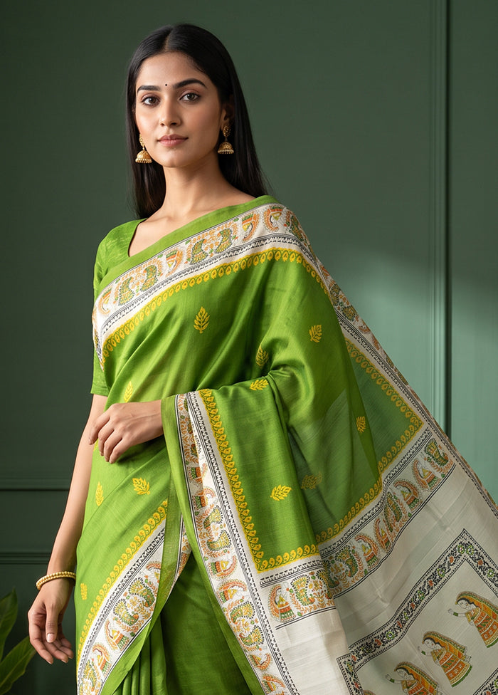 Green Printed Pure Silk Saree Without Blouse Piece