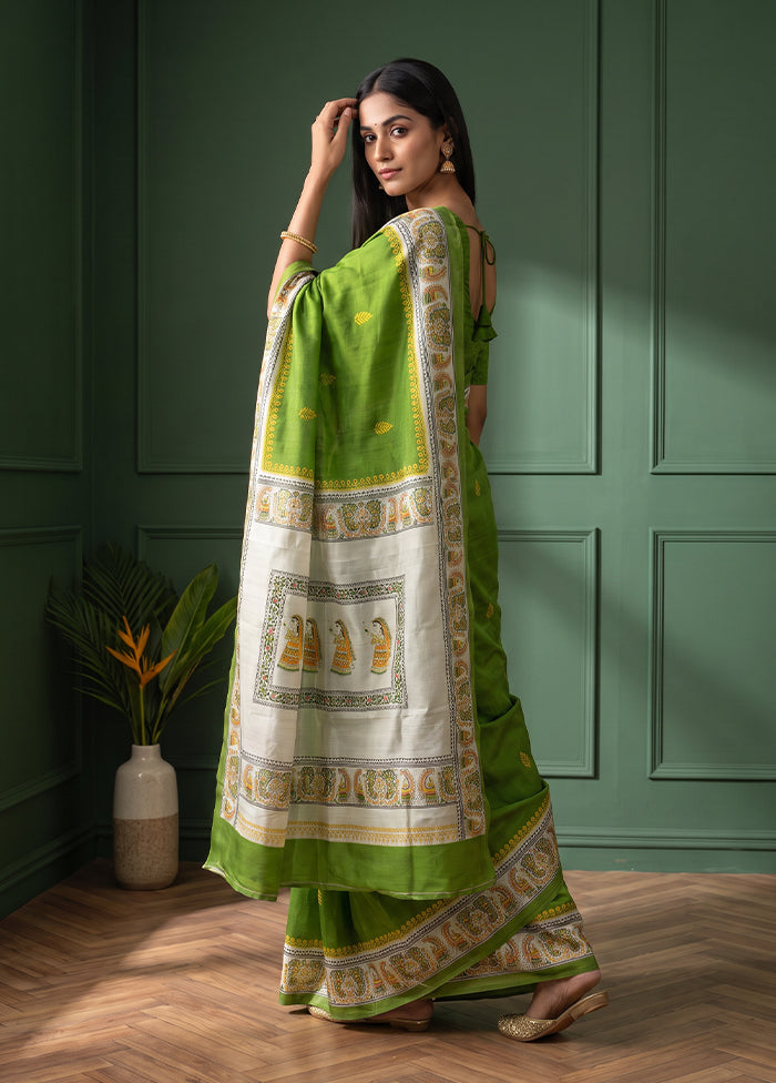 Green Printed Pure Silk Saree Without Blouse Piece