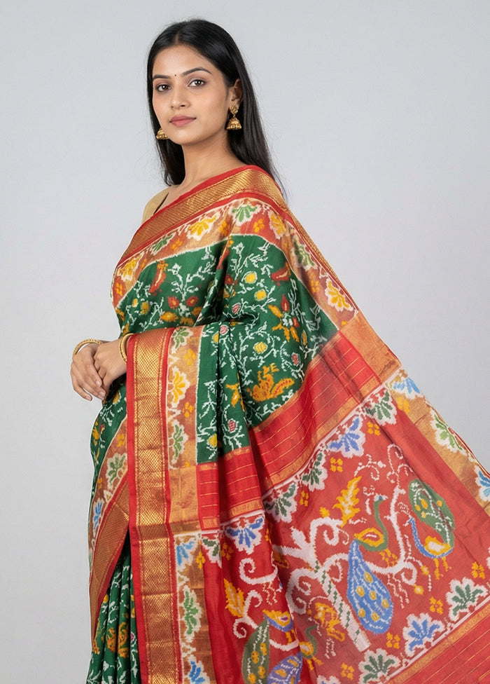 Green Handloom Ikkat Pure Silk Saree With Blouse Piece