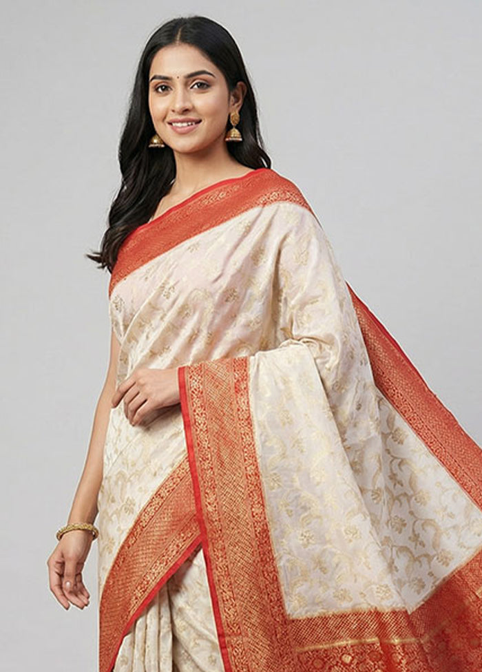 Cream Dupion Silk Saree With Blouse Piece