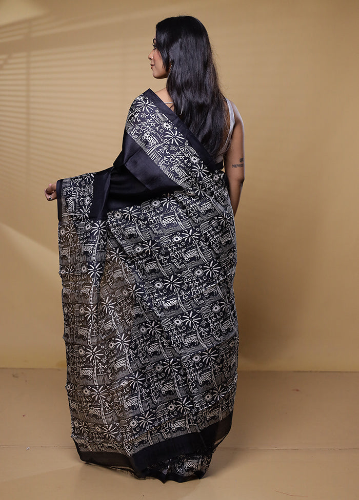 Black Printed Silk Saree Without Blouse Piece