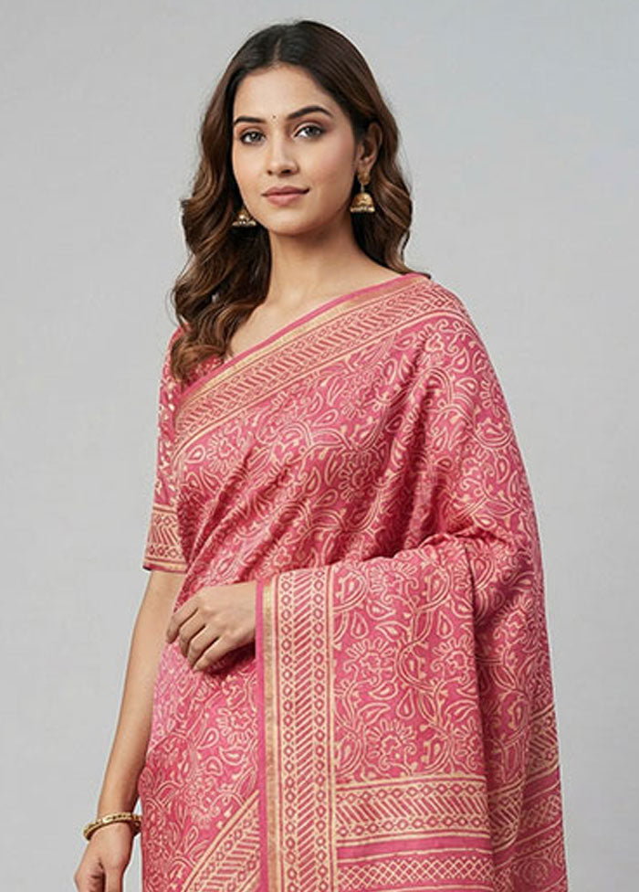 Pink Chanderi Silk Saree With Blouse Piece