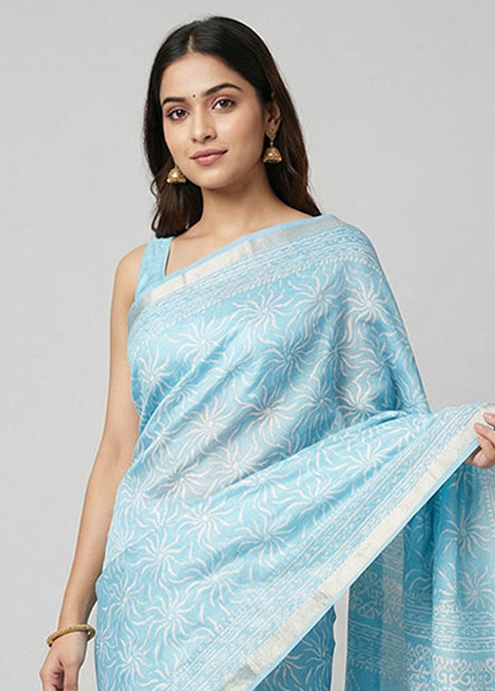 Blue Chanderi Silk Saree With Blouse Piece