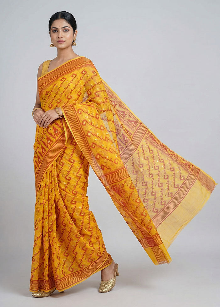 Yellow Jamdani Cotton Saree Without Blouse Piece