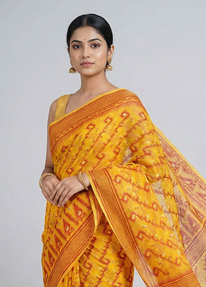 Yellow Jamdani Cotton Saree Without Blouse Piece