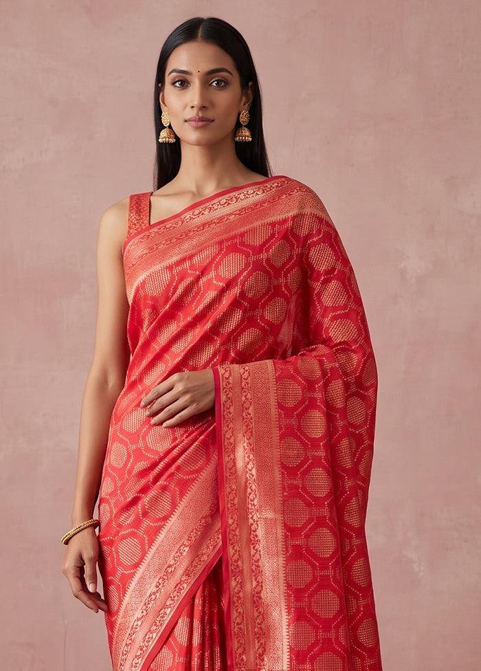 Red Dupion Silk Saree With Blouse Piece