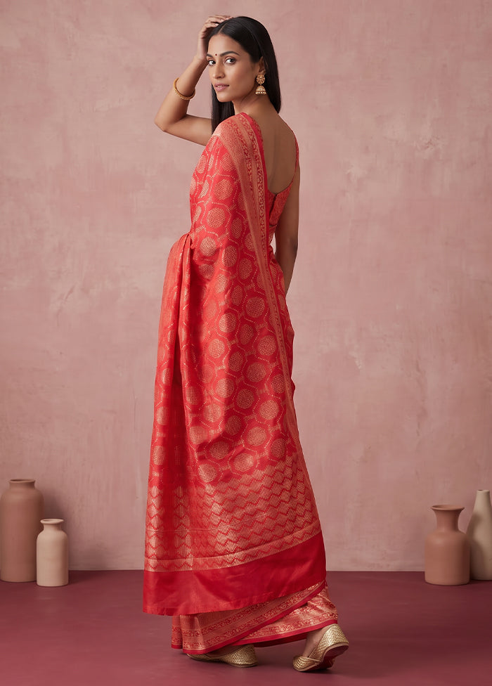 Red Dupion Silk Saree With Blouse Piece