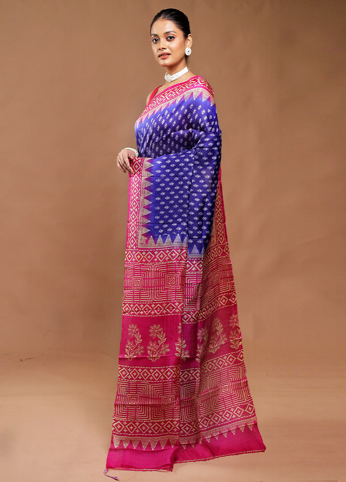 Blue Printed Silk Saree Without Blouse Piece