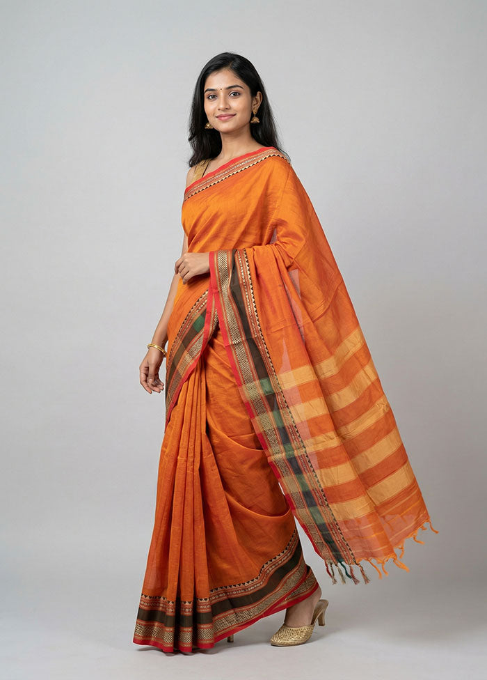 Rust Cotton Saree With Blouse Piece