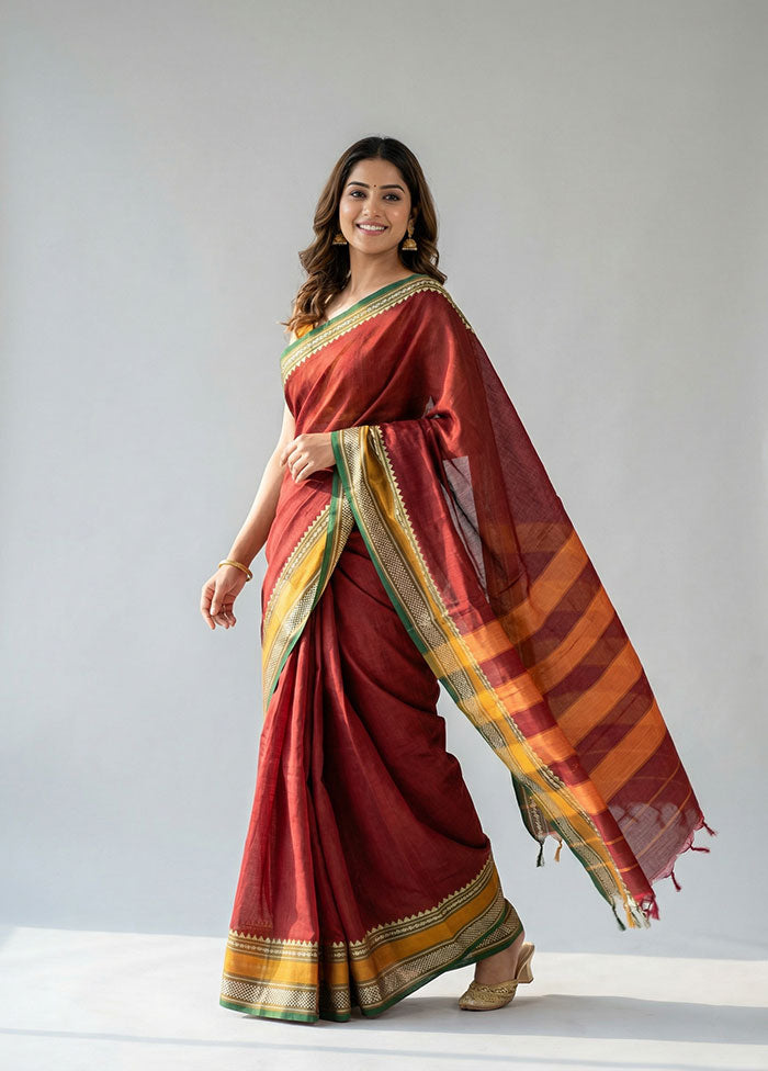Maroon Cotton Saree With Blouse Piece
