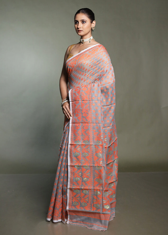 Grey Tant Jamdani Saree Without Blouse Piece
