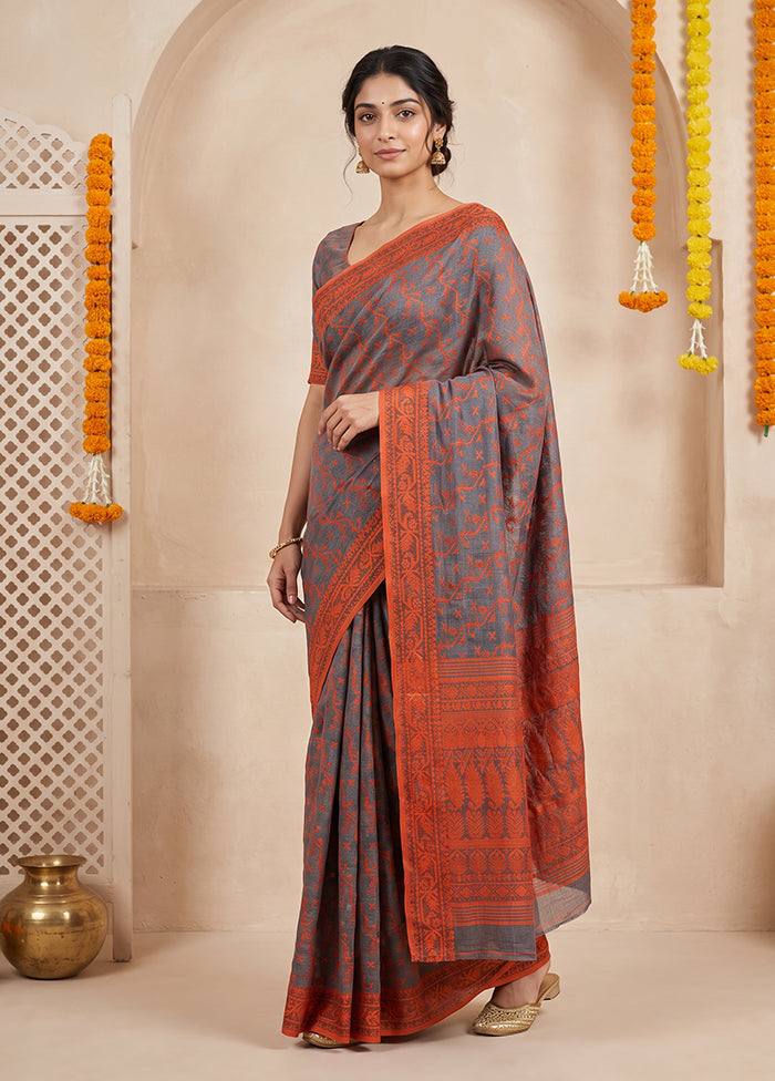 Grey Jamdani Cotton Saree Without Blouse Piece
