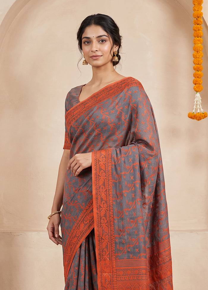 Grey Jamdani Cotton Saree Without Blouse Piece