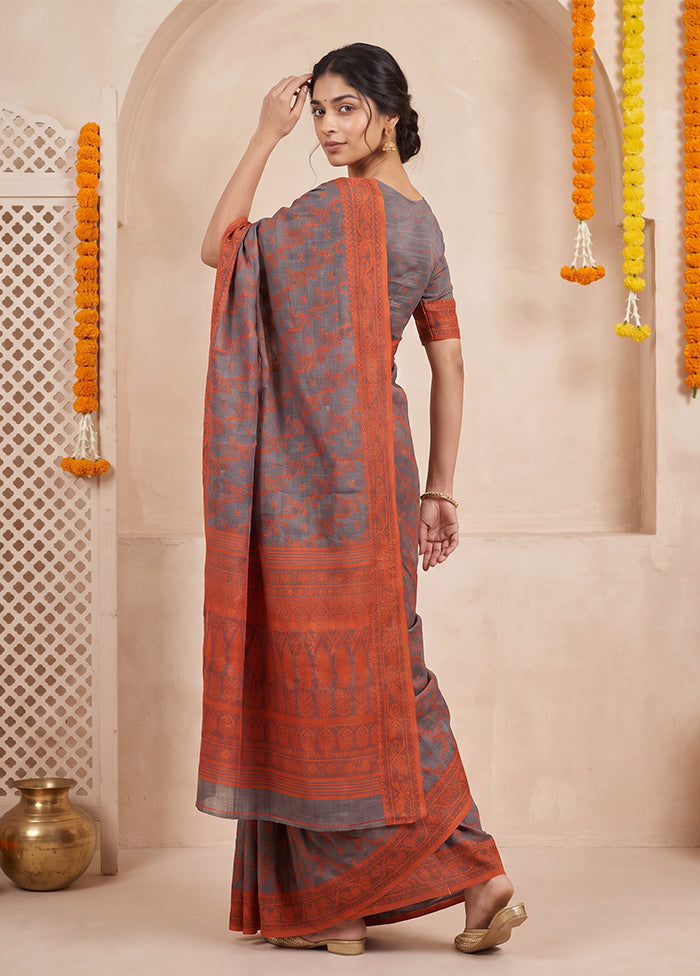 Grey Jamdani Cotton Saree Without Blouse Piece