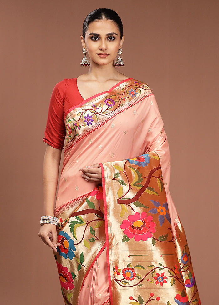Pink Handloom Kanjivaram Pure Silk Saree With Blouse Piece